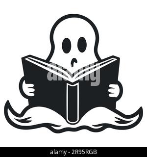 Cute Ghost read book. Draw illustration in black and white Stock Vector