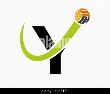 Letter Y Volleyball Logo Concept With Moving Volley Ball Icon. Volleyball Sports Logotype Template Stock Vector