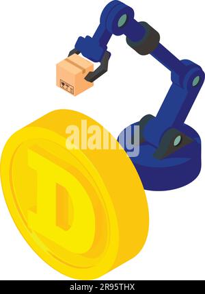 Dogecoin cryptocurrency icon isometric vector. Warehouse manipulator near coin. Digital money, cryptocurrency concept Stock Vector