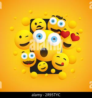 Various Smiling Happy Yellow Emoticons in Front of a Smartphone Screen on a Yellow Background, Vector Concept Illustration Stock Vector