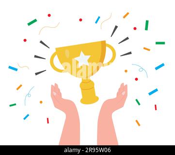 Hand width gold winner cup in sparkling background Stock Vector