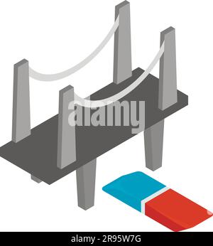 Architectural project icon isometric vector. Bridge model and dual color eraser. Construction project, engineering Stock Vector