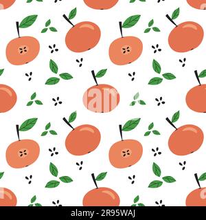 Apples red doodle seamless pattern in cartoon style. Textile fabric fruit with seeds and leaves. Stock Vector