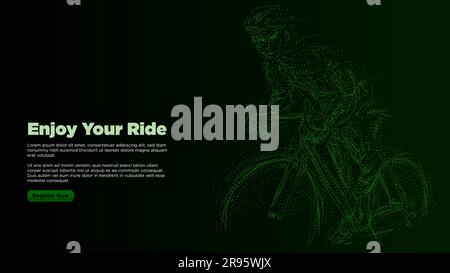 enjoy your ride. road bike cyclist sillhouete Particles, dots, lines, triangles on black background. Green Neon light. vector illustration Stock Vector