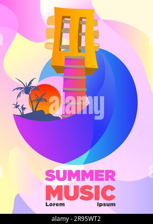summer music festival poster. guitar and tropical island. bright abstract style vector illustration Stock Vector