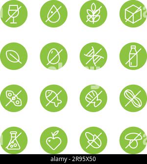 Allergen icons set. Sensitivity to gluten, eggs, soybeans, artificial sweeteners and much more. Stock Vector