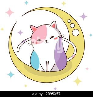 Cute cat on the moon in pastel colors. Ideal for greeting cards and prints. Vector image. Stock Vector