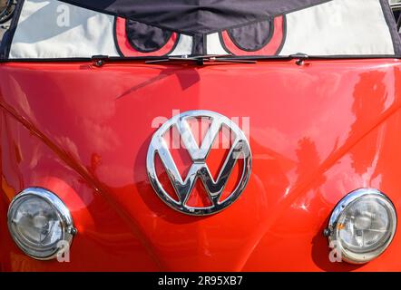 Hanover, Germany. 24th June, 2023. An old Volkswagen Bulli stands at the VW Bus Festival at the Hanover Exhibition Grounds. The festival has attracted thousands of Bulli fans to the Hanover fairgrounds since Friday. Until Sunday, different generations of the cult vehicle are shown. Credit: Julian Stratenschulte/dpa/Alamy Live News Stock Photo