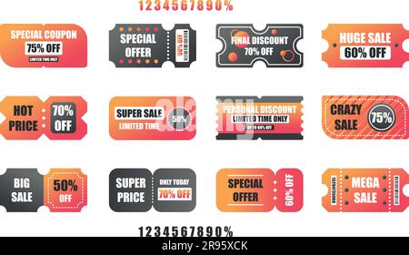 Set of discount coupons with editable numbers in red and grey colors. Vector image. Stock Vector