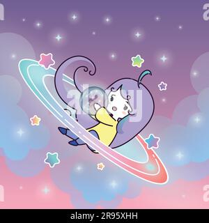 Vector illustration of a cute girl in an anime style on a space theme. Stock Vector