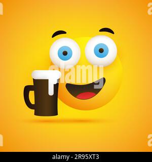 Smiling Emoji - Simple Happy Emoticon with Pop Out Eyes and a Glass of Beer on Yellow Background - Vector Design Stock Vector