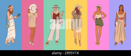 Set of Hand drawn beautiful ladies vector isolated Stock Vector