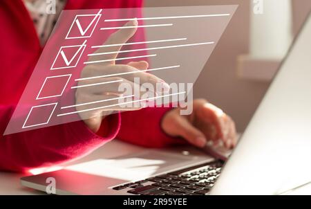 Process automation to efficiently manage files. Online documentation database and document management system concept. Businesswoman working on laptop Stock Photo