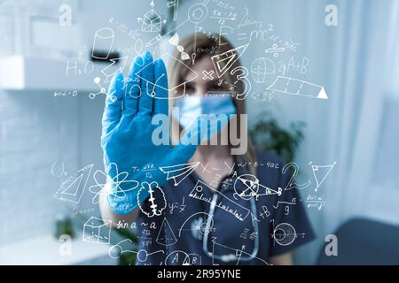 science, research and chemistry concept - young scientist in safety glasses with test tube and virtual projection of chemical formula. Stock Photo