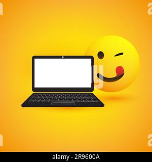 Emoji, Emoticon with Winking Eye and Laptop Computer on Yellow ...