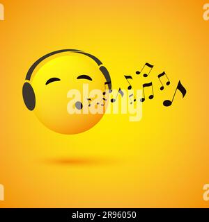 Singing or Whistling Emoticon, Face With Smiling Eyes and  Headphones on Yellow Background - Vector Design Concept Stock Vector