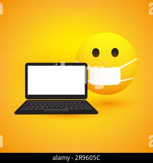 Bad News - Fearful, Concerned Emoticon with Medical Mask and Laptop Computer - Vector Design Concept Stock Vector