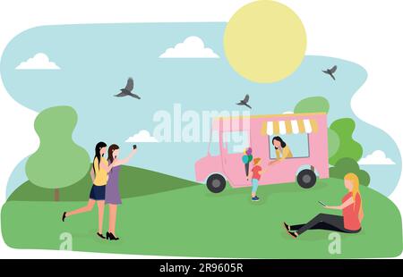 People relaxing in nature in a beautiful urban park, city skyline on the background Stock Vector