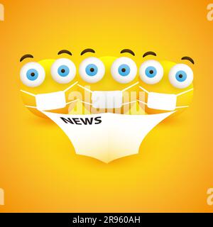 Surprising, Horrible News - Emoticons with Pop Out Eyes and Medical Mask Reading a Newspaper - Vector Design Stock Vector