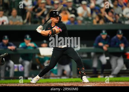 Baltimore, United States. 16th Apr, 2022. Baltimore Orioles shortstop Ramon  Urias (R) is called out on a strike as New York Yankees catcher Kyle  Higashioka (L) gestures during the seventh inning of