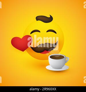 Smiling Happy Coffee Lover - Simple Emoticon with Closed Eyes, Mustache, Red Heart and a Cup of Coffee on Yellow Background - Vector Design Stock Vector
