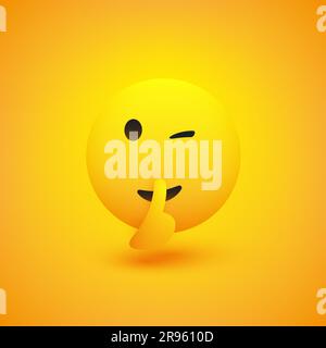 Winking, Shushing Face Showing Make Silence Sign - Simple Emoticon on Yellow Background - Vector Design Illustration Stock Vector