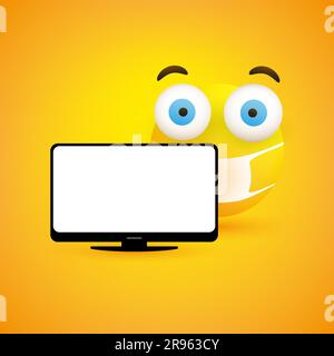 Bad News - Fearful, Anxious Concerned Emoticon with Pop Out Eyes Wearing Medical Mask Beside a Flat TV Screen - Vector Design Concept Stock Vector