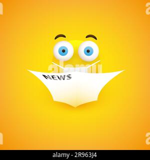 Surprising News - Emoticon with Pop Out Eyes Reads a Newspaper and Wearing a Mask - Simple Emoticon on Yellow Background - Vector Design Stock Vector