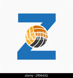 Letter Z Volleyball Logo Concept With Moving Volley Ball Icon. Volleyball Sports Logotype Template Stock Vector