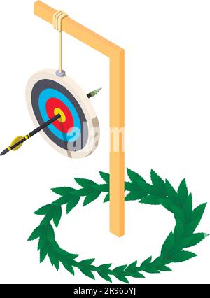 Archery concept icon isometric vector. Hanging shooting target and winner branch. Archery sport equipment Stock Vector