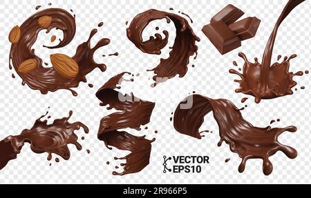 3D Chocolate splash isolate realistic vector eps set pieces of chocolate bar swirl and drop wave falling Stock Vector