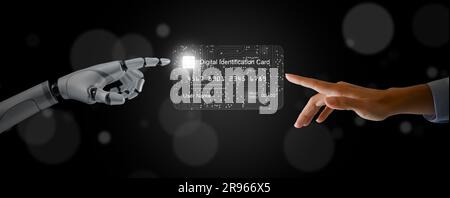 Digital ID card, Electronic Identification. e-ID smartcard, with AI robots and human hands. A digital solution for proof of identity. Technology and b Stock Photo
