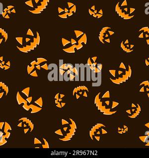 Halloween pumpkins seamless pattern. Flat pumpkins with carved scary smiling faces. Happy Halloween Boo. Vector illustration on brown background Stock Vector