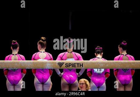 ROTTERDAM - Gymnasts during the women's all-around final of the National Gymnastics Championships in Ahoy. ANP IRIS VANDEN BROEK Stock Photo