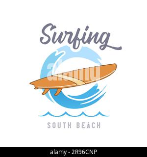 Surf waves logo for t-shirt and apparel, vintage design. Surfing board with wave element for creative label. Brush stroke vector Illustration Stock Vector