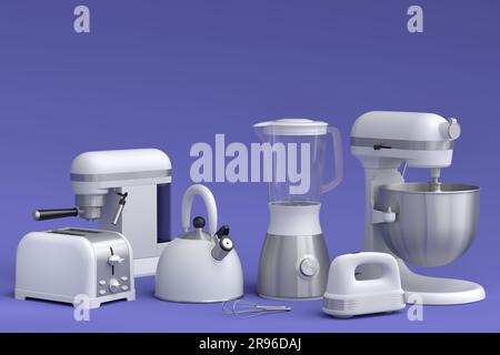 Electric kitchen appliances and utensils for making breakfast on coral  background. 3d render of kitchenware for cooking, baking, blending and  whipping Stock Photo - Alamy