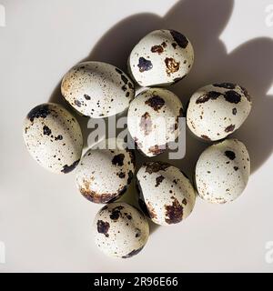 Nine quail eggs, Eggs from the common quail (Coturnix coturnix), Tabletop Stock Photo