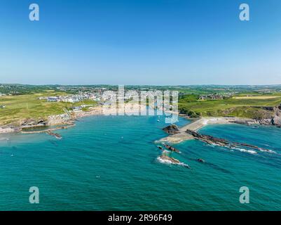 Aerial view of the coastline of Bude Bay with the Bude Sea Pool, and ...