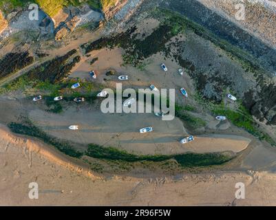 Aerial view, top view of fishing boats at low tide in Bude Bay, North Cornwall, England, Great Britain Stock Photo