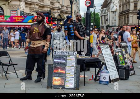 London, UK. 24th June, 2023. Israelite School of Universal Practical Knowledge, ISUPK preaching at Piccadilly Circus. Credit: JOHNNY ARMSTEAD/Alamy Live News Stock Photo