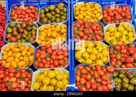 Cherry tomatoes in different colours for sale at a market Stock Photo