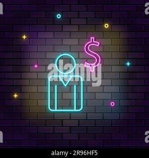 Businessman, finance, multicolor neon icon on dark brick wall Stock Vector