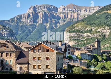 The beautiful old village of Torla in Ordesa National Park in the Spanish Pyrenees Stock Photo