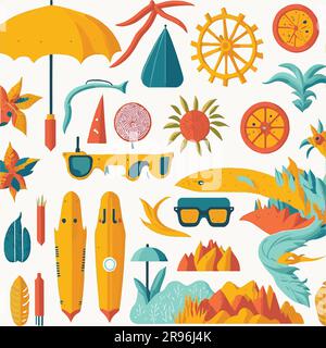 Get ready to embrace the vibrant and sunny vibes of summer with this set of flat vector illustrations. Designed to capture the essence of the season, Stock Vector