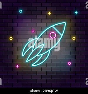 Rocket, spaceship, multicolor neon icon on dark brick wall Stock Vector