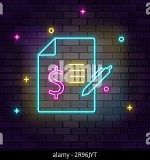 Bill, contract, multicolor neon icon on dark brick wall Stock Vector