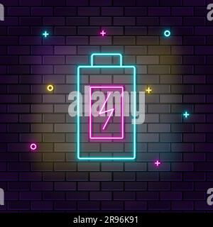 Battery, charging, multicolor neon icon on dark brick wall Stock Vector