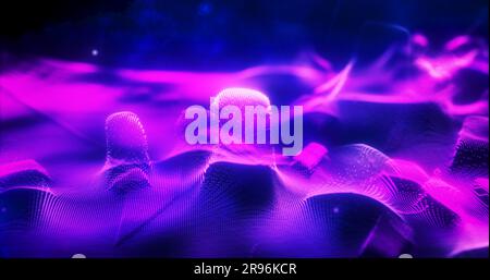 Abstract purple futuristic landscape of particles and dots of energetic magic with glow and blur effect, abstract background. Stock Photo