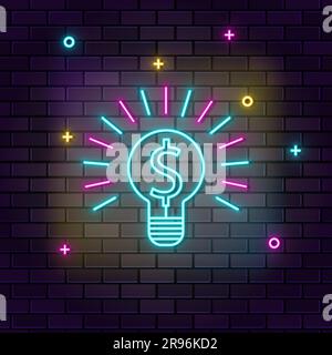 Brainstorming, finance, multicolor neon icon on dark brick wall Stock Vector