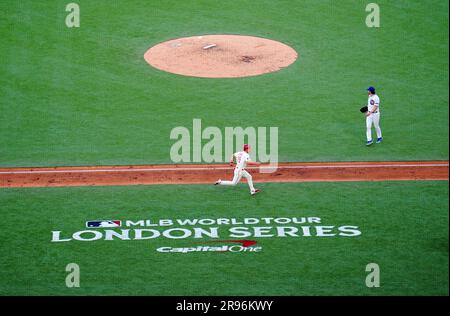 St. Louis Cardinals' Tommy Edman runs between bases during the MLB London Series match at the London Stadium, London. Picture date: Saturday June 24, 2023. Stock Photo